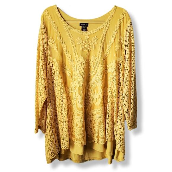 Women Multiples Yellow Mustard Gold Boho Tunic Top 2X Embroidered Lace Fall NEW - Picture 1 of 8